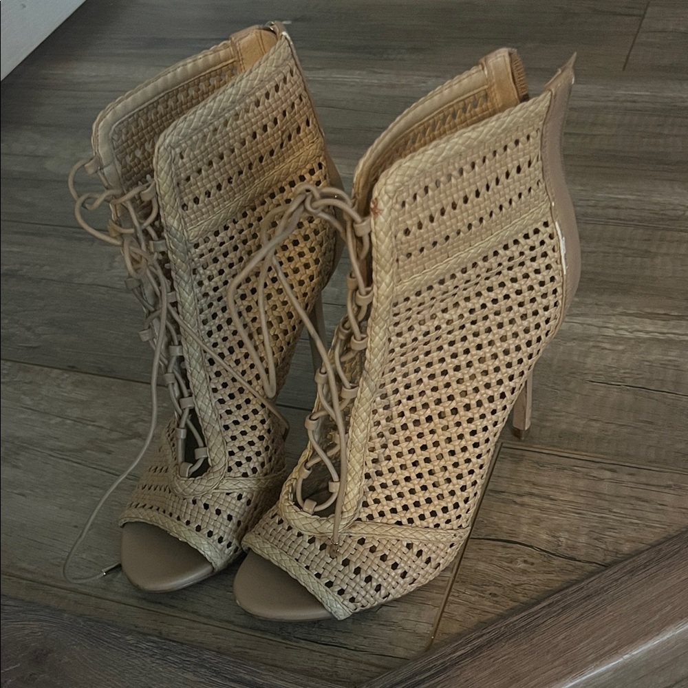 Sam Edelman Beige Lace-Up Heeled Boots